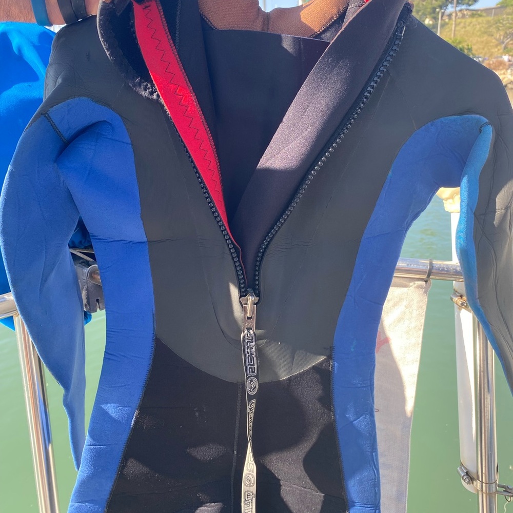 Blue and Black Wetsuit with Red Accents